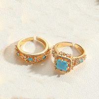 Vintage Style Simple Style Commute Quadrilateral Copper Plating Inlay Zircon 14k Gold Plated Open Rings sku image 3