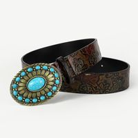 Retro Ethnic Style Geometric Pu Leather Metal Button Inlay Turquoise Adults Leather Belts main image 5