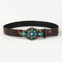 Retro Ethnic Style Geometric Pu Leather Metal Button Inlay Turquoise Adults Leather Belts sku image 3