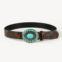Retro Ethnic Style Geometric Pu Leather Metal Button Inlay Turquoise Adults Leather Belts sku image 1