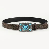 Retro Ethnic Style Geometric Pu Leather Metal Button Inlay Turquoise Adults Leather Belts sku image 5