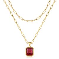 Copper 14K Gold Plated IG Style Simple Style Square Inlay Glass Birthstone Double Layer Necklaces sku image 1