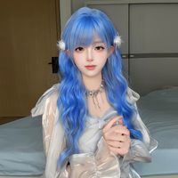 Mujeres Adultos Estilo Japones Lolita Dulce Azul Casual Fin De Semana Carnaval Fibra Química Bangs Pelo Largo Y Rizado Red De Peluca main image 3