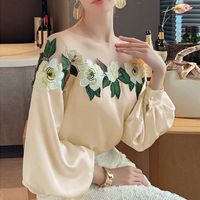 Women's Chiffon Shirt Long Sleeve Blouses Embroidery Elegant Flower sku image 1