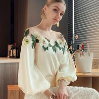 Women's Chiffon Shirt Long Sleeve Blouses Embroidery Elegant Flower main image 4