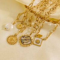 304 Stainless Steel 14K Gold Plated Retro Plating Inlay Sun Natural Stone Shell Pendant Necklace main image 3