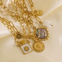 304 Stainless Steel 14K Gold Plated Retro Plating Inlay Sun Natural Stone Shell Pendant Necklace main image 4