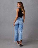 امرأة اليومي الأساسي ملابس الشارع اللون الصامد مكتمل الطول ممزق سروال واسع جينز main image 3