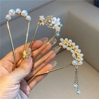 Women's Chinoiserie Elegant Geometric Flower Metal Plating Inlay Artificial Pearls Rhinestones Hairpin main image 5