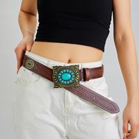 Retro Ethnic Style Geometric Pu Leather Metal Button Inlay Turquoise Unisex Leather Belts main image 9