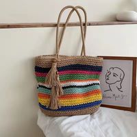 Women's Large Straw Color Block Vintage Style Beach Square Zipper Straw Bag sku image 1