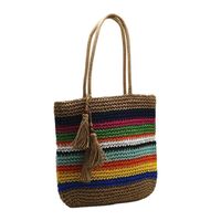 Women's Large Straw Color Block Vintage Style Beach Square Zipper Straw Bag main image 5