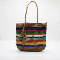 Women's Large Straw Color Block Vintage Style Beach Square Zipper Straw Bag main image 4