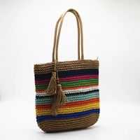 Women's Large Straw Color Block Vintage Style Beach Square Zipper Straw Bag main image 3