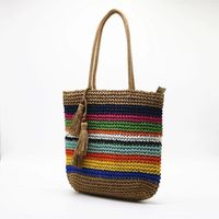 Women's Large Straw Color Block Vintage Style Beach Square Zipper Straw Bag main image 2