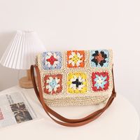 Women's Medium Straw Color Block Vintage Style Classic Style Square Magnetic Buckle Straw Bag sku image 1