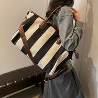 Women's Pu Canvas Stripe Classic Style Sewing Thread Square Zipper Handbag sku image 2