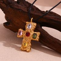 Vintage Style Classic Style Cross Stainless Steel Plating Inlay Artificial Gemstones 18k Gold Plated Pendant Necklace main image 1