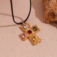 Vintage Style Classic Style Cross Stainless Steel Plating Inlay Artificial Gemstones 18k Gold Plated Pendant Necklace main image 4