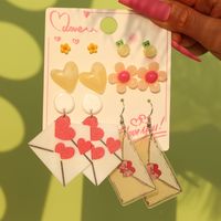 1 Set Cute Sweet Heart Shape Cat Flower Arylic Wood Resin Drop Earrings Ear Studs sku image 4