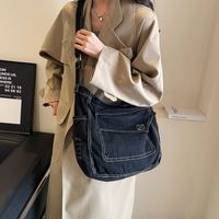 Women's Denim Solid Color Vintage Style Sewing Thread Square Zipper Crossbody Bag sku image 3