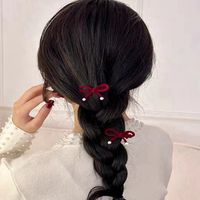 Women's Cute Sweet Bow Knot Flannel Flocking Inlay Artificial Pearls Hair Clip main image 3