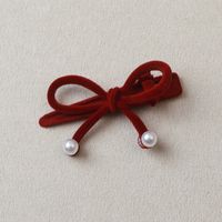 Women's Cute Sweet Bow Knot Flannel Flocking Inlay Artificial Pearls Hair Clip sku image 1