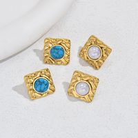 1 Pair Vintage Style Square Plating Inlay 201 Stainless Steel Artificial Pearls Turquoise 18K Gold Plated Ear Studs main image 1