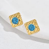 1 Pair Vintage Style Square Plating Inlay 201 Stainless Steel Artificial Pearls Turquoise 18K Gold Plated Ear Studs main image 7