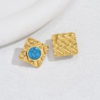 1 Pair Vintage Style Square Plating Inlay 201 Stainless Steel Artificial Pearls Turquoise 18K Gold Plated Ear Studs main image 5