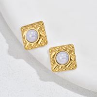 1 Pair Vintage Style Square Plating Inlay 201 Stainless Steel Artificial Pearls Turquoise 18K Gold Plated Ear Studs main image 6