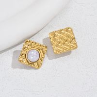 1 Pair Vintage Style Square Plating Inlay 201 Stainless Steel Artificial Pearls Turquoise 18K Gold Plated Ear Studs main image 8