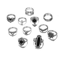 Bohemian Retro Flower Ring 11 Piece Set Hollow Carved Black Gem Joint Ring New Wholesale Nihaojewelry sku image 6