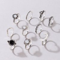 Bohemian Retro Flower Ring 11 Piece Set Hollow Carved Black Gem Joint Ring New Wholesale Nihaojewelry sku image 14