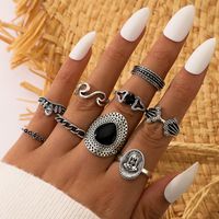 Bohemian Retro Flower Ring 11 Piece Set Hollow Carved Black Gem Joint Ring New Wholesale Nihaojewelry sku image 13