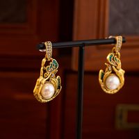 1 Pair Classical Vintage Style Mermaid Plating Inlay Copper Artificial Pearls 18k Gold Plated Drop Earrings main image 4