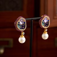 1 Pair Retro Luxurious Geometric Plating Inlay Alloy Artificial Pearls Rhinestones 18k Gold Plated Drop Earrings main image 5