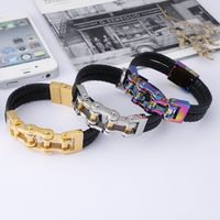 Simple Style Geometric Stainless Steel Pu Leather Plating 18K Gold Plated Men's Bracelets main image 1