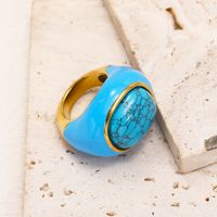 Titanium Steel 18K Gold Plated Glam Retro Oval Enamel Plating Inlay Turquoise Opal Tiger Eye Rings main image 4