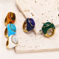 Titanium Steel 18K Gold Plated Glam Retro Oval Enamel Plating Inlay Turquoise Opal Tiger Eye Rings main image 1