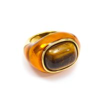 Titanium Steel 18K Gold Plated Glam Retro Oval Enamel Plating Inlay Turquoise Opal Tiger Eye Rings main image 2