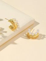 1 Pair Sweet C Shape Moon Beaded Plating Inlay Copper Artificial Pearls 18K Gold Plated Ear Studs main image 4