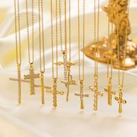 304 Stainless Steel 18K Gold Plated Vintage Style Vacation Polishing Inlay Cross Artificial Rhinestones Pendant Necklace main image 1