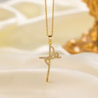304 Stainless Steel 18K Gold Plated Vintage Style Vacation Polishing Inlay Cross Artificial Rhinestones Pendant Necklace main image 3