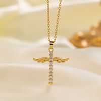 304 Stainless Steel 18K Gold Plated Vintage Style Vacation Polishing Inlay Cross Artificial Rhinestones Pendant Necklace main image 4