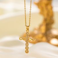 304 Stainless Steel 18K Gold Plated Vintage Style Vacation Polishing Inlay Cross Artificial Rhinestones Pendant Necklace main image 5