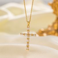 304 Stainless Steel 18K Gold Plated Vintage Style Vacation Polishing Inlay Cross Artificial Rhinestones Pendant Necklace main image 6
