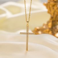 304 Stainless Steel 18K Gold Plated Vintage Style Vacation Polishing Inlay Cross Artificial Rhinestones Pendant Necklace main image 8