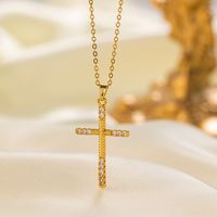 304 Stainless Steel 18K Gold Plated Vintage Style Vacation Polishing Inlay Cross Artificial Rhinestones Pendant Necklace main image 9