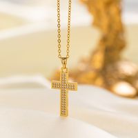 304 Stainless Steel 18K Gold Plated Vintage Style Vacation Polishing Inlay Cross Artificial Rhinestones Pendant Necklace main image 10